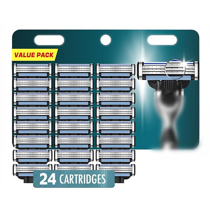 Razor Refills for Men, 24 Count Razor Blade Refills for Mach 3, Precision Shaving Blades with Dual Lubrication, Value Pack
