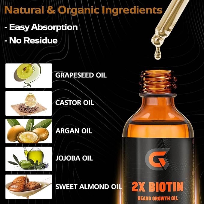 2X Biotin Beard Growth Oil for Men - Natural Organic Leave-in Conditioner & Softener - Mustache & Facial Hair Thickener, Moisturizer & Strengthener - Anti Itch & Dandruff Serum, 2 fl.Oz (Sanda)