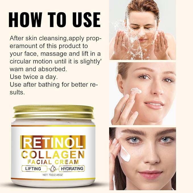 Retinol Collagen Cream, Lift and Firm Skin, Fade Fine Lines, Men's and Women's Day and Night Face Anti-Wrinkle Moisturizer Cream，Suitable for All Skin Types，2.46 OZ