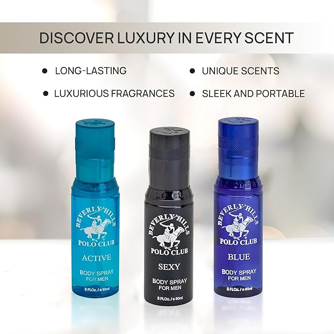 Beverly Hills Polo Club Men's Luxury Body Spray Gift Set - 3 x 3 oz Distinct Designer Fragrances for All-Day Freshness, Gym, Travel & Everyday Confidence (Silver Collection)