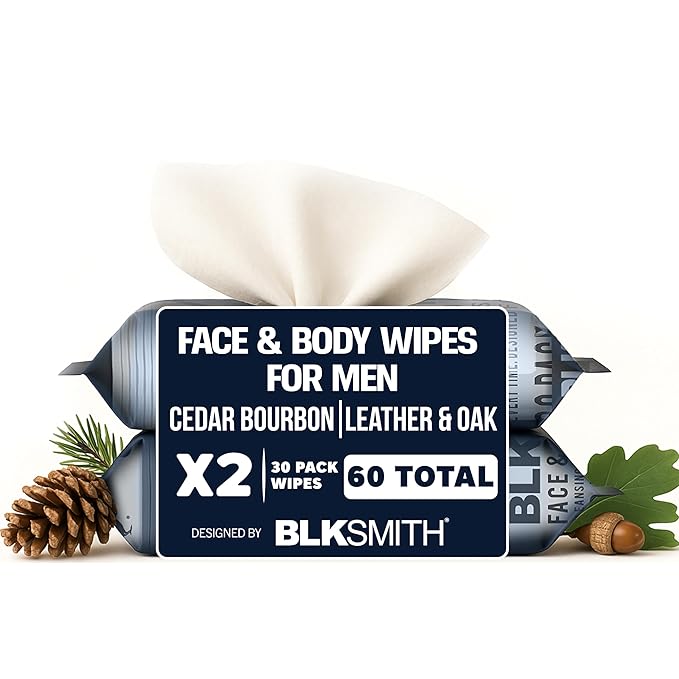 BLKSMITH Face & Body Wipes for Men - Travel Face & Body Wipes - Total 60 - Leather & Oak & Cedar Bourbon, Cool Gifts for Men 30x2 Wipe - Ideal for Gym, Office, or Outdoors, 2 Pack