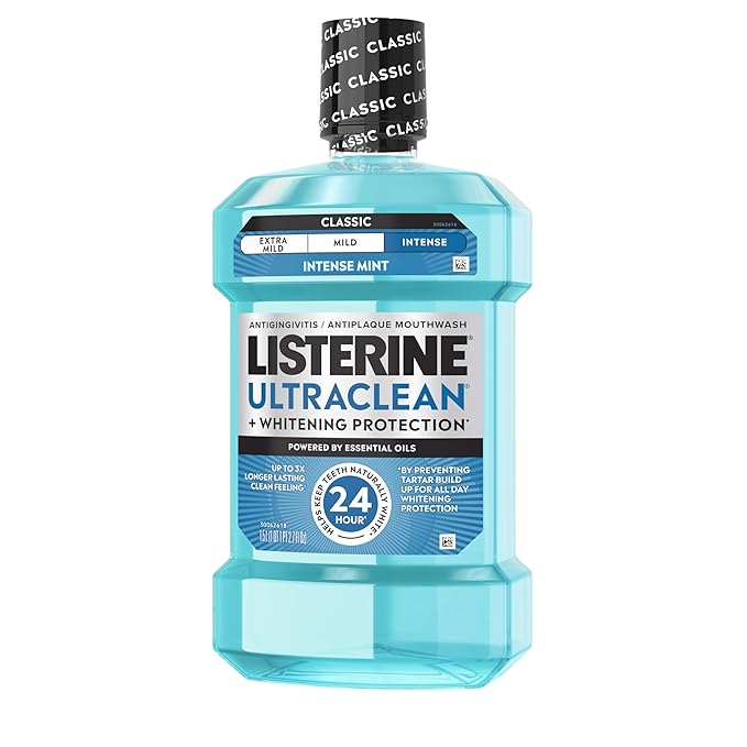Listerine Ultraclean Intense Antiseptic Mouthwash + Whitening Protection*, Everfresh Technology to Help Fight Bad Breath, Gingivitis, & Plaque, Tartar Control Oral Rinse, Intense Mint, 1.5 L