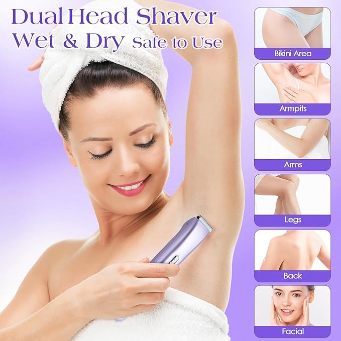 Bikini Trimmer for Women Dual Head Electric Razors IPX7 Waterproof, Electric Shaver for Facial Private Hair, Anniversary Birthday Christmas Gifts for Women self Care, Stocking Stuffers for Teen Girls
