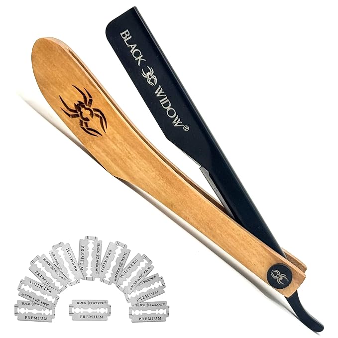 Black Widow Straight Razors for Men - Professional Barber Straight Edge Razor Kit with 10 Blades, Wooden Stainless Steel Barbero Shaver for a Smooth & Premium Barber Razor for Men's Shaving