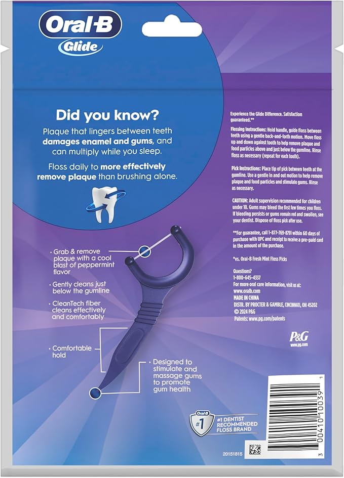 Oral-B Glide Peppermint Dental Floss Picks with Arctic Peppermint Oil Flavor, 75 Picks