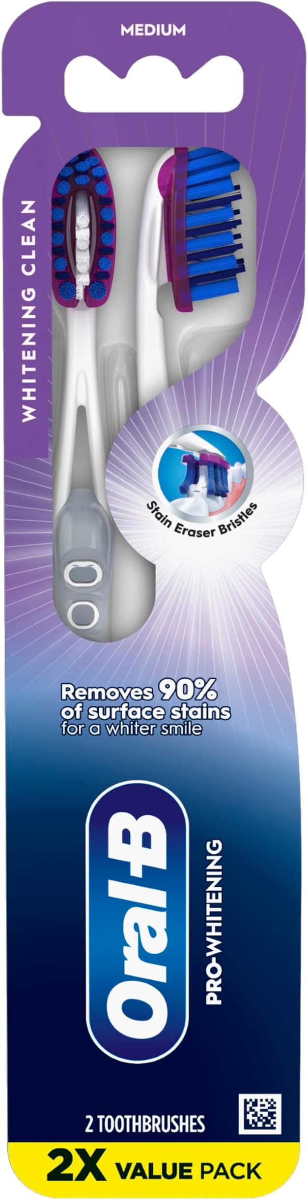 Oral-B 3D White Deep Stain Remover toothbrushes, 2 count toothbrush MEDIUM, Removes 90% of surface stains, whitens teeth, deep reach, removes plaque and stains tooth brush