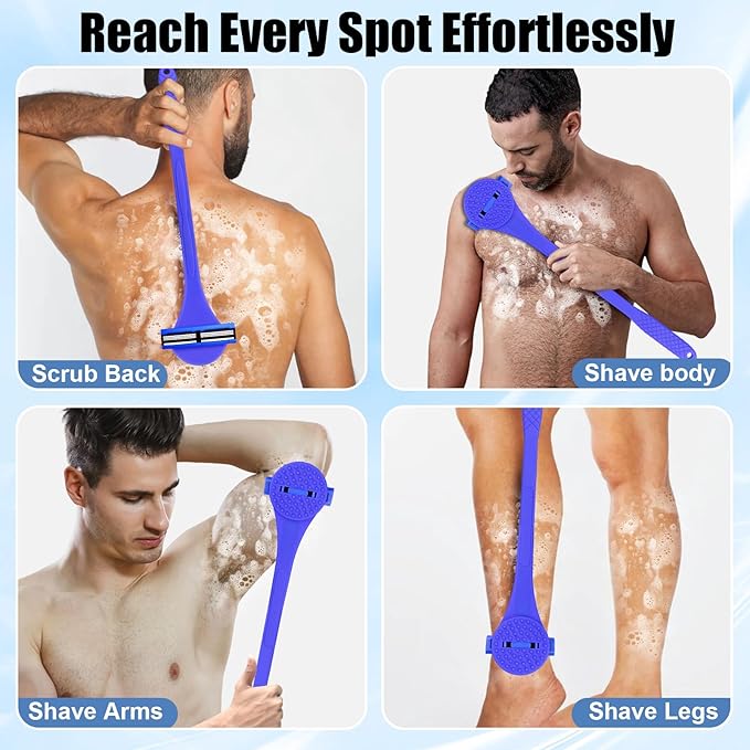 2 in 1 Back Shaver & Massage Cleaning Brush with Bendable Handle, Manual Stainless Steel Razor for Back & Body Hair Removal, Portable Wet Dry Body Groomer with 8 Pcs Replaceable Blades-Blue