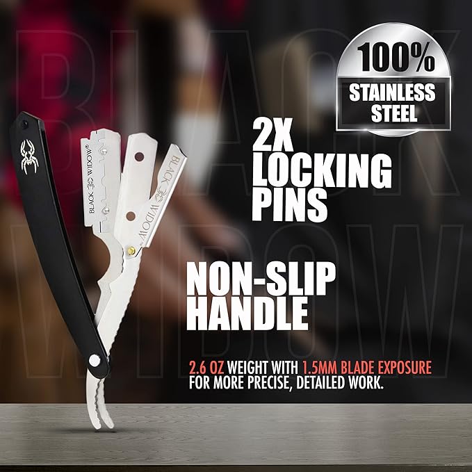 Black Widow Professional Straight Edge Razor Kit with 10 Blades – Stainless Steel Barber Razor for Men’s Shaving, Classic Barbero Shaver for Smooth, Precise, and Comfortable Shaves
