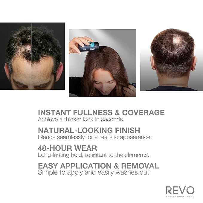 REVO Hair Building Fibers Kit for Thinning Hair (25g) with Fiberhold Spray (100ml) – 3-Pc Professional Set, Natural Plant-Based Hair Thickener & Concealer for Men & Women - BLACK