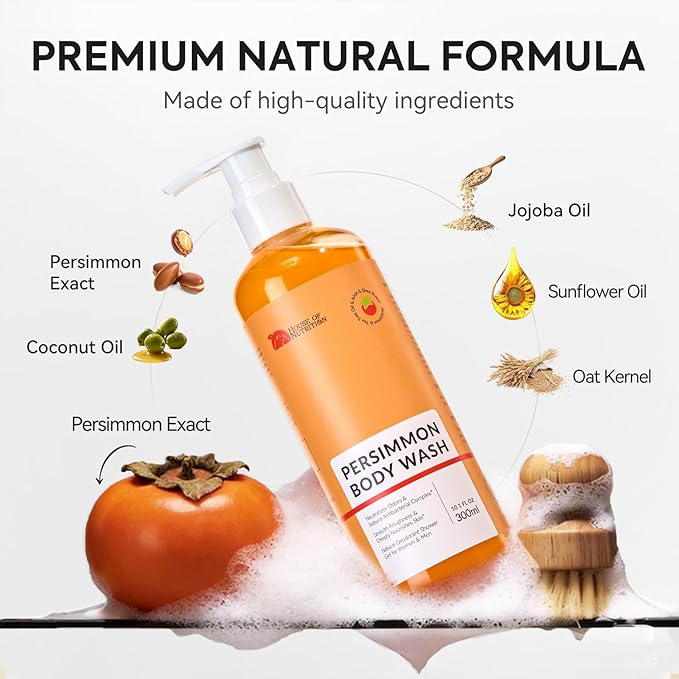 Persimmon Body Wash for Body Odor Control, Natural Deodorizing Soap for Underarms, Intimate Area & Smelly Feet, Deep Cleansing Odor Eliminator with Tea Tree, Family Safe 10 Fl Oz