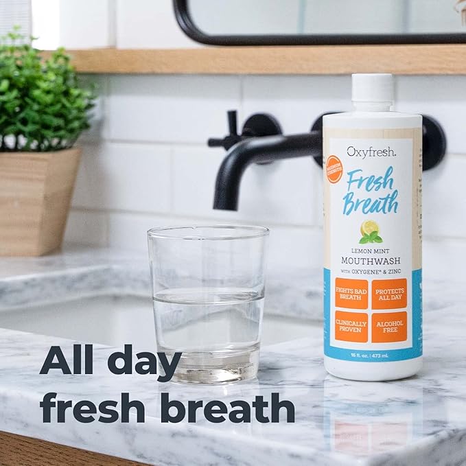 Oxyfresh Lemon Mint Fresh Breath Mouthwash – Bad Breath Treatment – SLS & Fluoride Free – Alcohol Free, Gentle Nonburning with Xylitol & Essential Oils – 16 Fl Oz (Pack of 2)