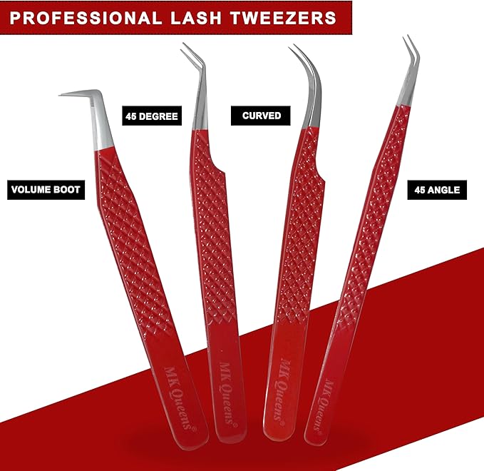 Lash Tweezers - Stainless Steel Fiber Tip Eyelash Tweezers (Set of 4) - Diamond Grip Professional Lash Tweezers for Eyelash Extensions (Red)