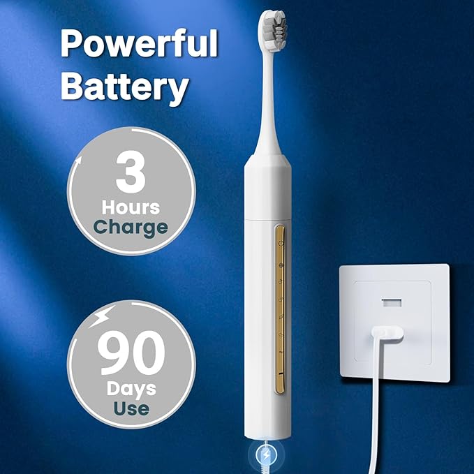 Sonic Electric Toothbrush with 10 Brush Heads for Adults and Children, Up to 90 Days on a Single Charge, 5 Modes, Built-in 2-Minute Smart Timer, IPX8 Waterproof Electric Toothbrush (White)