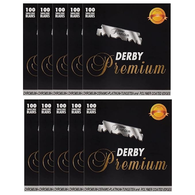 Derby Premium Single Edge Razor Blades, Ultra Sharp, Chromium - Ceramic - Platinum - Tungsten and Polymer Coated Edges (10)