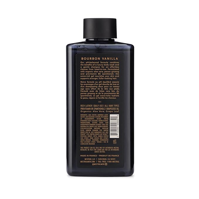 Mistral Men's Body Wash & Shampoo, Bourbon Vanilla 13.5 oz | 2-in-1 Natural Shower Gel for Men | SLS, Paraben & Phthalate Free | Natural Men’s Body Wash, Moisturizing Bath Gel - Made in France