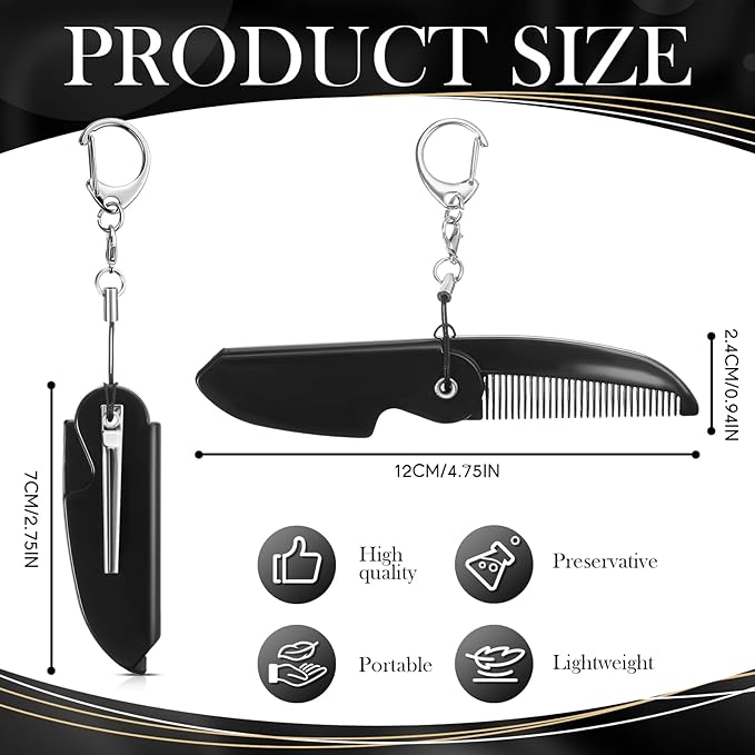 Nosiny 6 Pcs Beard Mustache Folding Comb With Keychain - Handmade Moustache Comb for Multifunctional Pocket Saw Cut Styling, Black