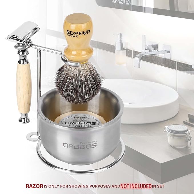 Anbbas Badger Hair Shaving Brush with Wood Handle,Stainless Steel Razor and Brush Stand, Shaving Bowl with Shaving Soap Bar 4in1 Set for Men Wet Shave