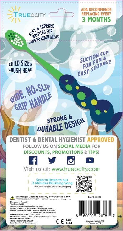 Trueocity Kids Toothbrush 6 Pack - Soft Contoured Bristles - Child Sized Brush Heads (3-10 Year Old) - Suction Cup for Fun & Easy Storage - Girl & Boy Set (6-Pack, Green & Pink)