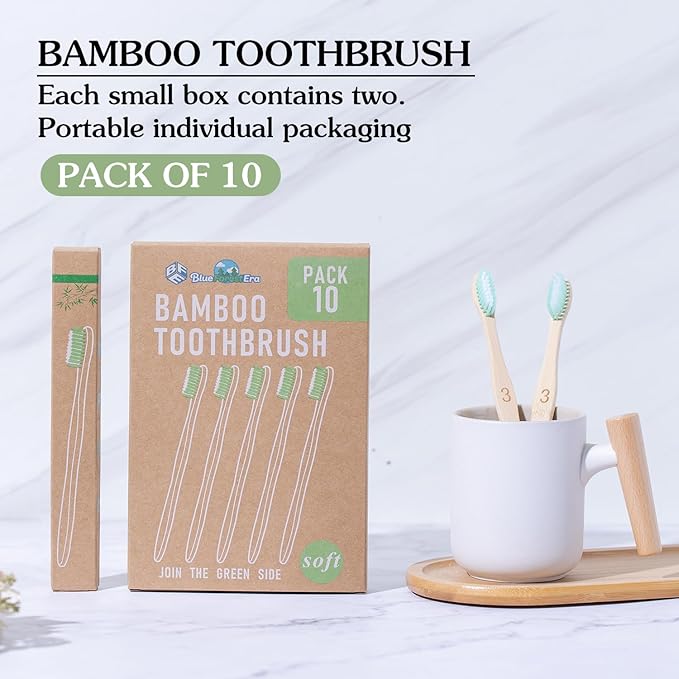 Bamboo Toothbrushes 10 Count Set, BPA Free Soft PBT Bristles, Natural Eco-Friendly Wooden Toothbrush, Organic Biodegradable Travel Tooth Brush for Adults