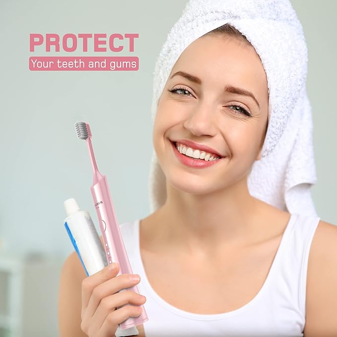 Wagner Stern ultrasonic whitening Electric Toothbrush with 8 Charcoal Black Brush Heads. for Fresh Breath & Healthy Smile. (Pink)