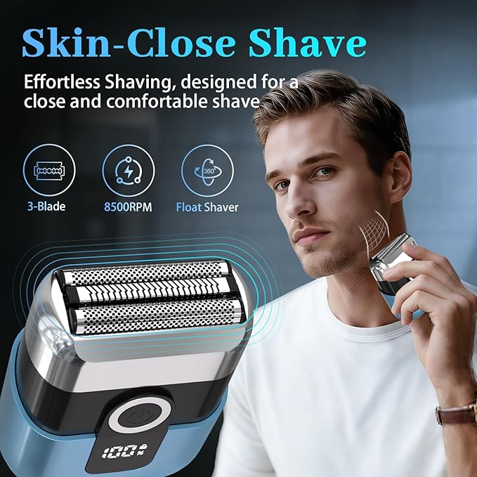 Electric Foil Shaver for Men: Mini Electric Razor for Face/Beard - 3 Floating Blades Cordless Razor with LED Display - IPX7 Waterproof Wet Dry Shaving for Travel & Home, USB Type C