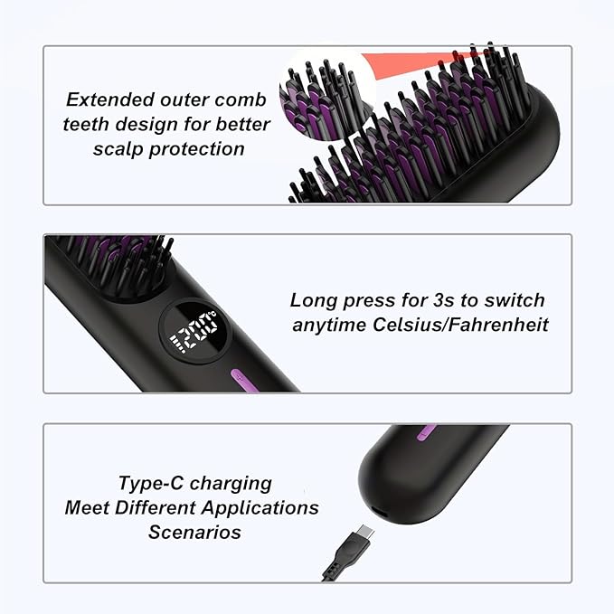Beard Straightener for Men, Cordless Heated Beard Brush, Portable Beard Hot Combs, Ionic Hair Straightener Brush with 7 Temp Settings, Hot Comb for Home Travel