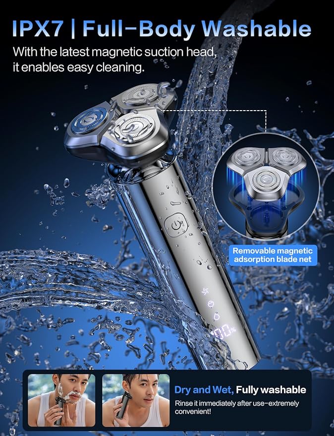 Electric Razor for Men,Electric Shavers for Men,3-Blade Rotary Shaving System,Waterproof Wet Dry Cordless Razor,Touch Switch,Type-C Fast Charging,Travel Lock,Digital Display,90+ Minutes Run Time