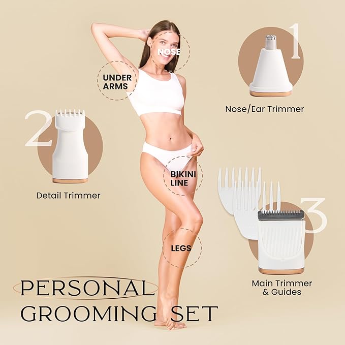 Bella Ciao 10-Piece Electric Trimmer Set for Women, Body and Bikini Hair Trimmer with Ceramic Blade, Ear and Nose Hair Remover, Detail Heads, Comb Guides, Charging Dock and USB Cable