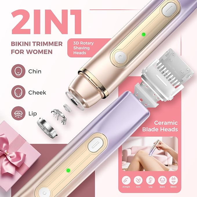 Bikini Trimmer for Women, 2-in-1 Electric Razor for Pubic Hair & Body - Painless Wet/Dry Shaver with IPX7 Waterproof, Rechargeable Cordless Groomer for Legs, Underarm & Face (Mauve)