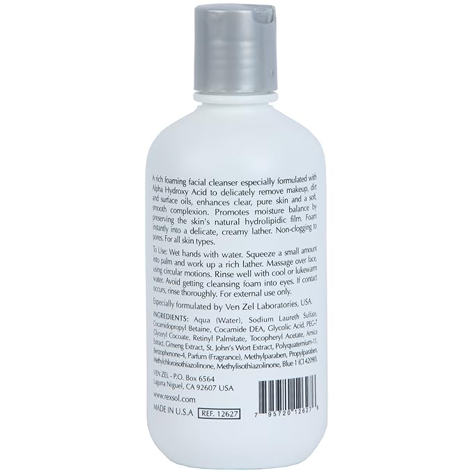 REXSOL AHA Wash Facial Cleanser Foaming Gel | With Vitamin E, Arnica extract, Ginsing Extract, St. John's Wort extract | Promotes freshness and comfort | Leaves skin clean & soft. (240 ml / 8.1 fl oz)