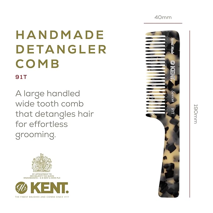 Kent 91TW Detangler Combs for Women Wide Tooth Hair Comb for Curly and Wavy Hair, Wide Tooth Combs and Wet Hair Comb, Large Handle Wide Tooth Shower Comb for Hair for Effective Detangling Kent Comb