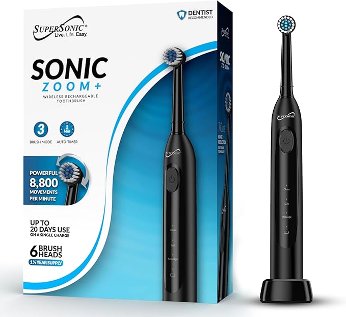 Supersonic TB-1000 Sonic Zoom+ Advanced Rotating Electric Toothbrush | 8,800 OPM | Wireless Charging | 3 Cleaning Modes | 6 Brush Heads | Auto Timer | Travel Case | Black