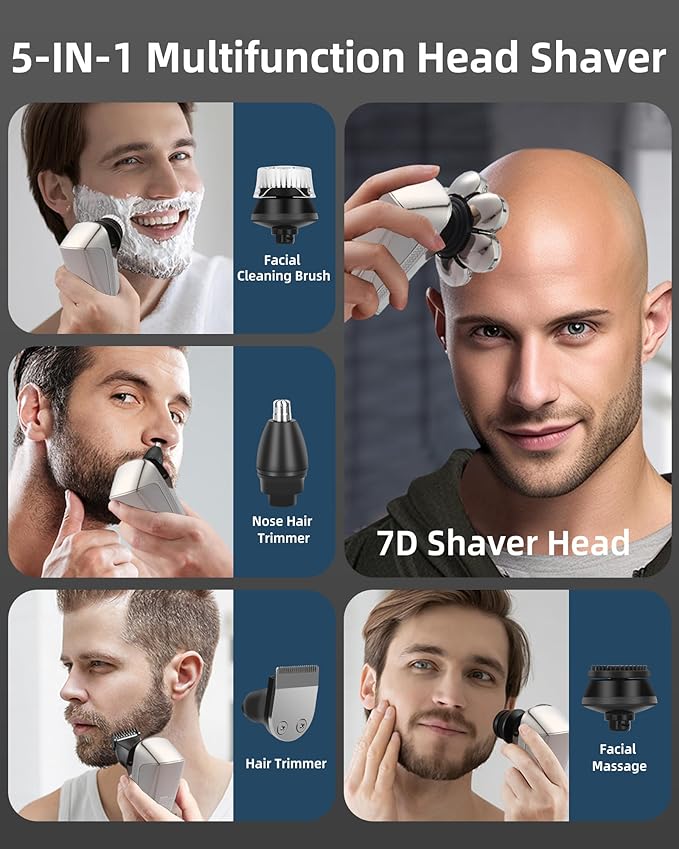 Head Shavers for Bald Men,7D Detachable Electric Bald Head Shaver,5-in-1 Dry Wet Bald Head Shavers for Men,IPX7 Waterproof Electric Razor for Men with Led Display,Fathers DayGifts, Silver