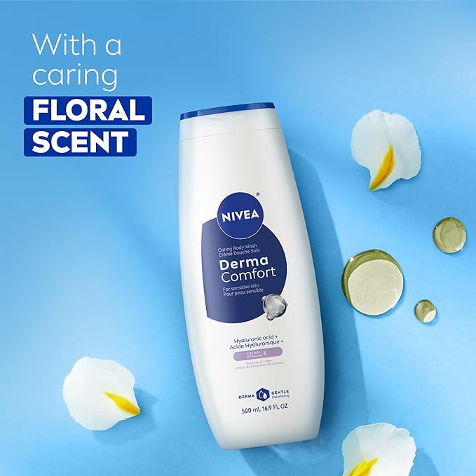 NIVEA Derma Comfort Caring Body Wash for Sensitive Skin, Body Wash with Hyaluronic Acid and Vitamin E, 16.9 Fl Oz Bottle, Pack of 3
