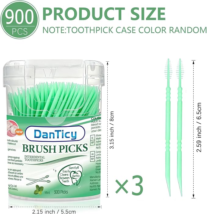 Mint Flavored Toothpicks, Brushpicks Interdental Toothpicks,Soft Bristle Dental Floss Picks Toothpicks,Helps Removes Plaque and Debris Between Your Teeth, Mint, 900PCS (Pack of 3)