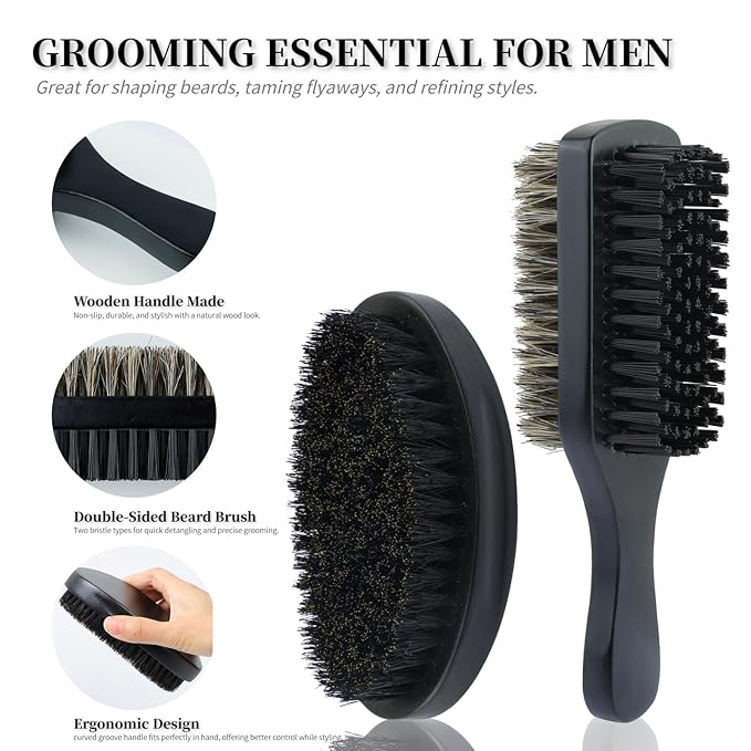 2-Sided Hair Brush for Men and Pure Boar Bristle Beard Brush Set, Pocket Travel Men's Wooden Mustache Brush for Hair, Detangling, Smoothing (Black-B)