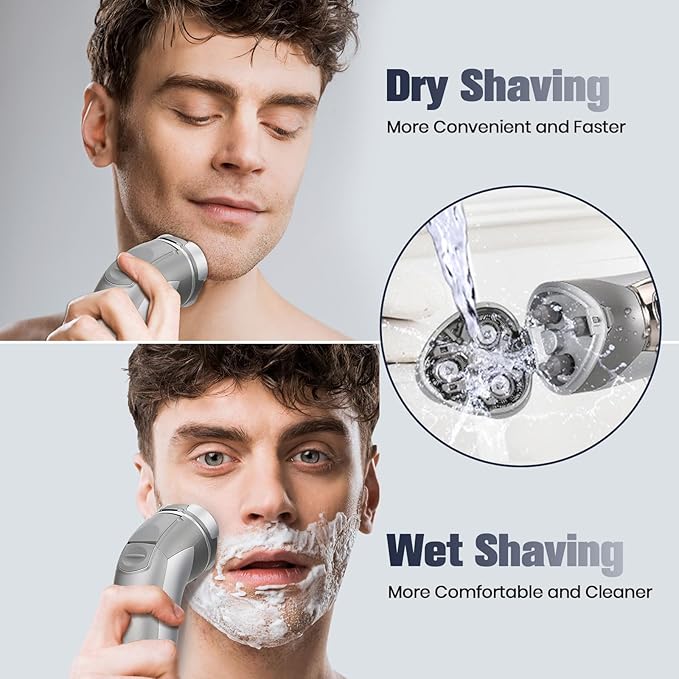 Sakioo Men's Electric Shaver, 3-Blade Rotary 4D Floating Head, IPX7 Waterproof Wet Dry Shaving, Type-C Rechargeable, LED Display Cordless Portable Travel Razor, Ideal Gift for Men