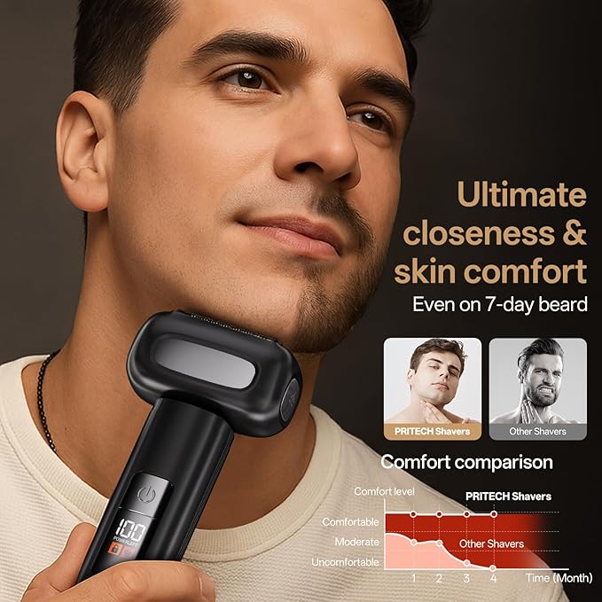PRITECH Electric Foil Shaver for Men, Electric Razor for Men Face, Skin-Friendly Design, Wet & Dry Waterproof, Easy Clean, Rechargeable LED Display (Black)
