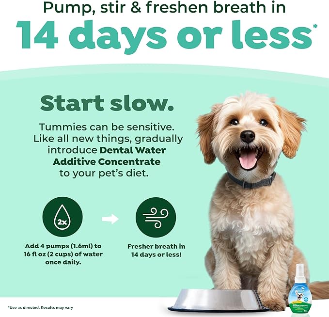TropiClean Fresh Breath Water Additive Concentrate for Dogs | Breath Freshener and Teeth Cleaning Solution | No Brushing Required | 2.2oz.
