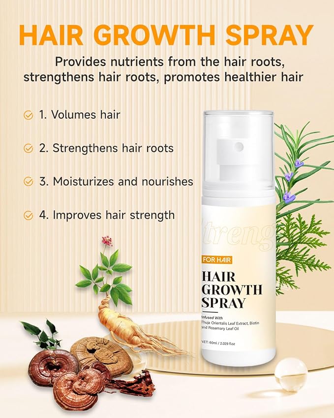Hair Growth Spray, Hair Growth Oil Spray, with Biota Orientalis, Rosemary Oil & Biotin, Strengthens Hair Roots, Prevent Hair Thinning & Hair Loss, Thicker Fuller Hair for Women Men (2.02 Fl.oz)