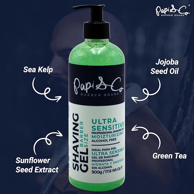 Papi&Co Shaving Gel for Ultra Sensitive Skin - Gentle, Alcohol-free, Moisturizing and Protecting Face Shave Gel for Men 17.6 Oz