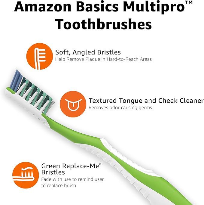 Amazon Basics MultiPro Toothbrushes with Angled Bristles, Soft, 4 Count, Pack of 1