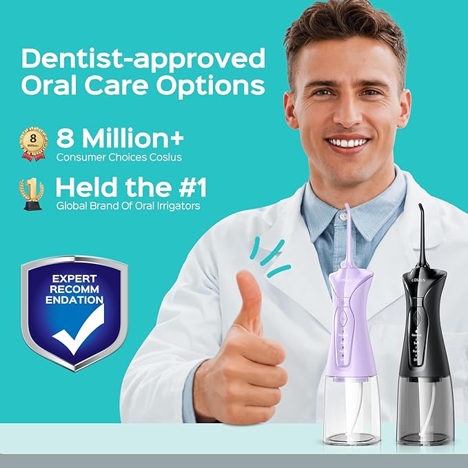 COSLUS 2-Pack C30 Water Flosser for Teeth: Water Dental Pick Set with Refined Packaging for Couples Friends, 3 Modes & 8 DIY Levels for Sensitive Gums & Braces, Ideal for Family Sharing, Black Purple