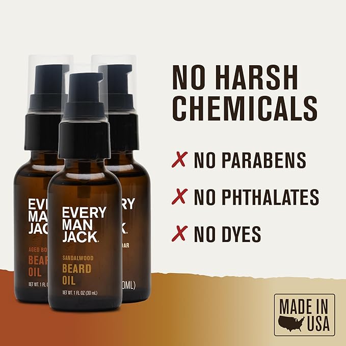 Every Man Jack Beard Oil Gift Set for Men – Full Size 3-pack - Sandalwood, Vanilla + Cedar & Aged Bourbon Scents – Softens Beard + Adds Shine - Naturally Derived w/Shea Butter – 1 fl oz (3 Pack)
