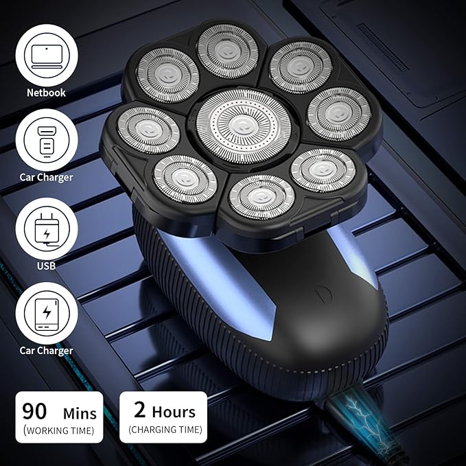 Head Shavers for Bald Men 9D Electric Rotary Shaver Multifunctional Mens Bald Head Shaver Cordless Electric Razor for Men Wet & Dry Beard Clippers Rechargeable Shavers for Balding Man