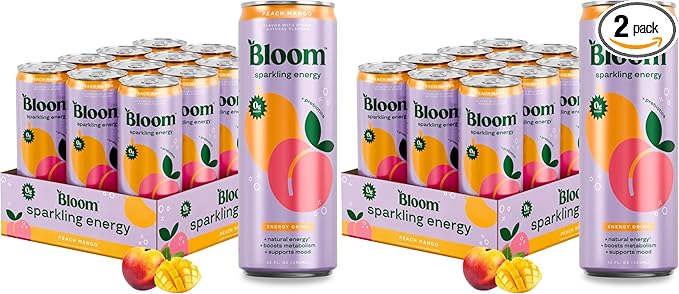 Bloom Nutrition Sparkling Energy Drink, Peach Mango | Zero Sugar | 180mg Caffeine | For Focus | 24 Pack