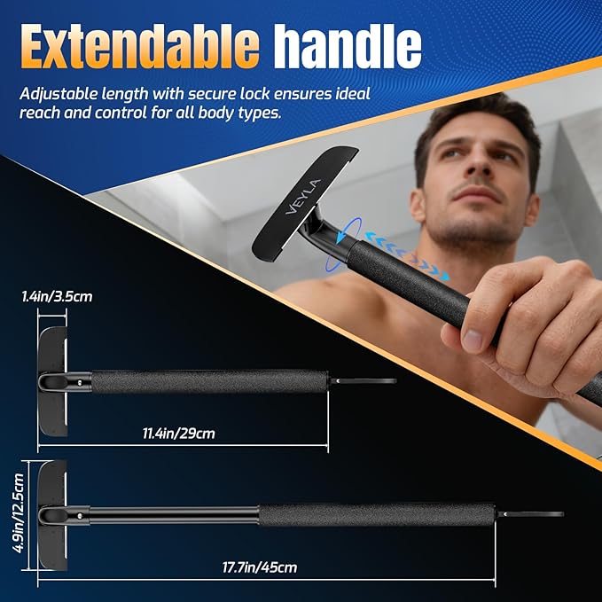 VEYLA Professional Skin-Safe Zero-Cut Back Shaver for Men, Extendable Aluminum Alloy Handle Up to 17.7 Inches, Wet & Dry Use Body Hair Trimmer and Groomer, DIY Nick-Free Mens Back Shaver (1 Pack)