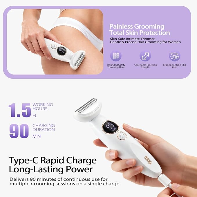 DSP 5-in-1 Electric Shaver for Women, Waterproof Painless Hair Removal Trimmer with Nose/Eyebrow/Bikini Attachments, USB Rechargeable Ladies Grooming Kit for Face Legs Arms