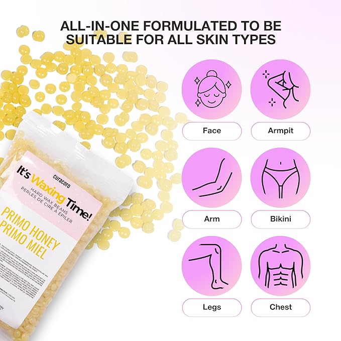 Curacoro Italian Wax Beans - 200g Hard Wax Beads for Full Body Hair Removal on Face, Body, Brazilian, Bikini, Legs, Underarms, Skin-Friendly Waxing Beads for Women & Men, Made in Italy (Honey)