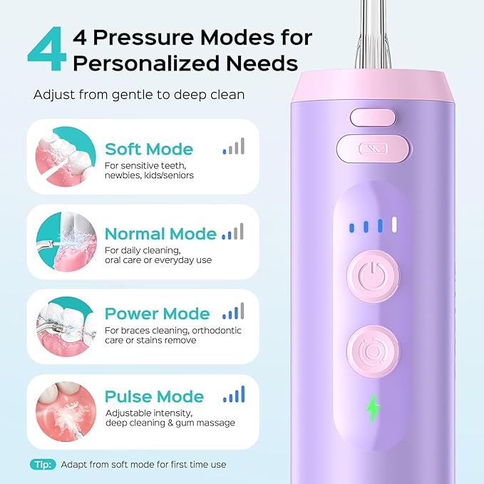 COSLUS T40 Mini Water Flosser for Travel: Portable Compact Design, Cordless Oral Irrigator with 4 Jet Tips, Removable Tank & IPX7 Waterproof for Braces, Sensitive Teeth & On-The-Go Use, Pink Purple